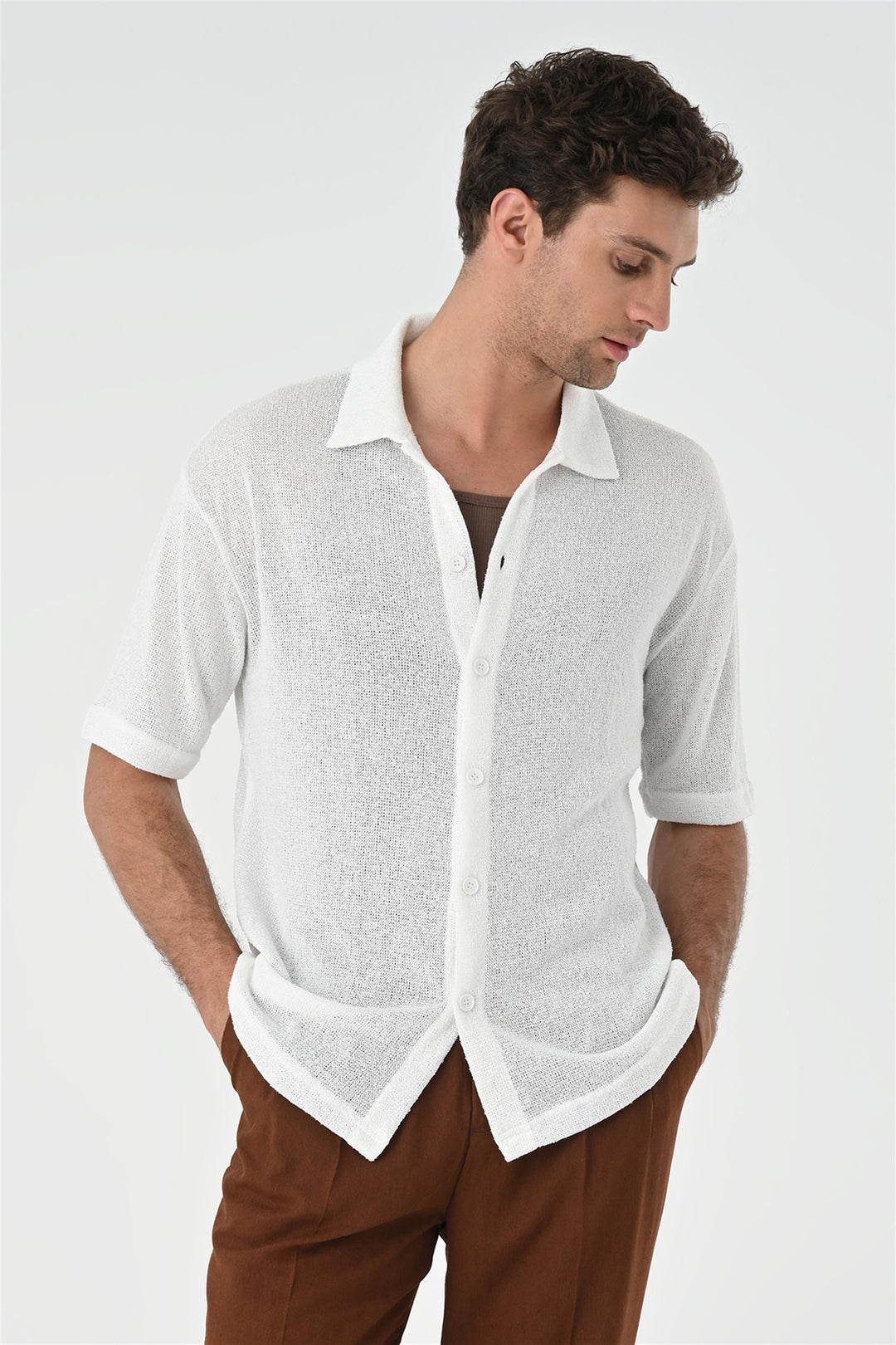 Men's White Relax Fit Knitwear  Shirt - Wessi