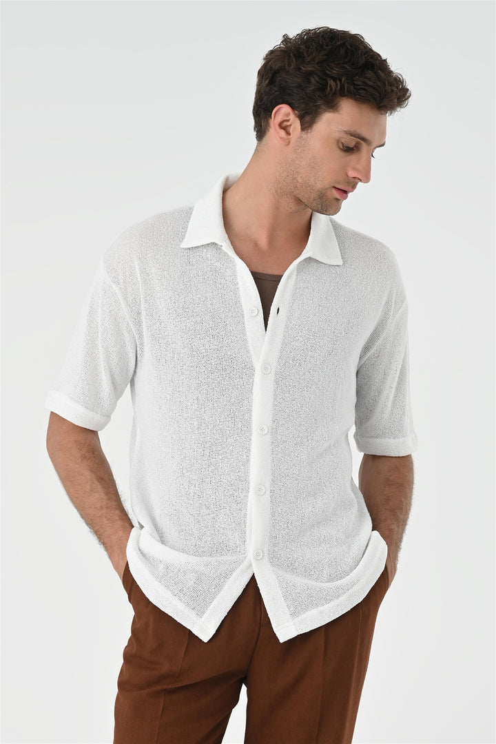 Men's White Relax Fit Knitwear  Shirt - Wessi
