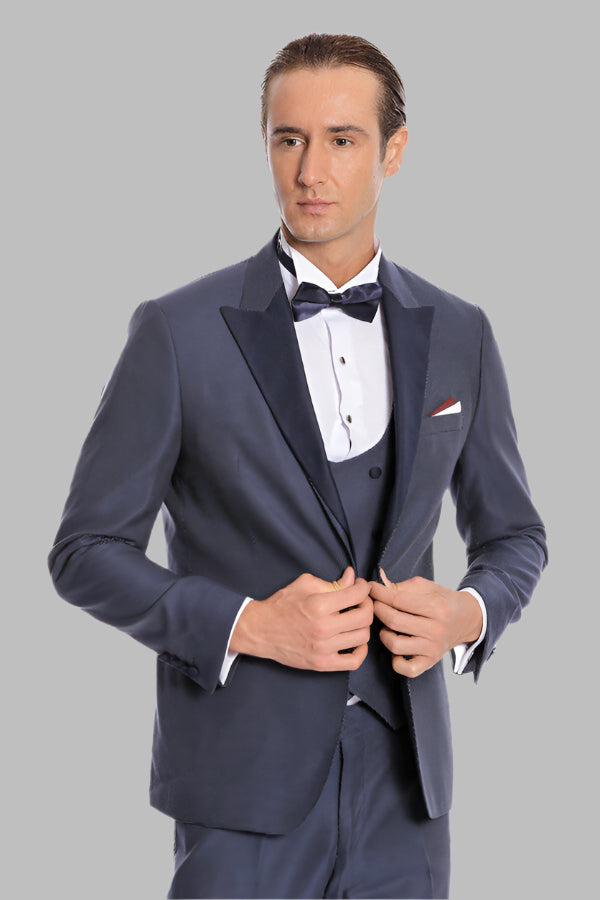 Removable Lapel Vested Navy Blue Tuxedo - Wessi