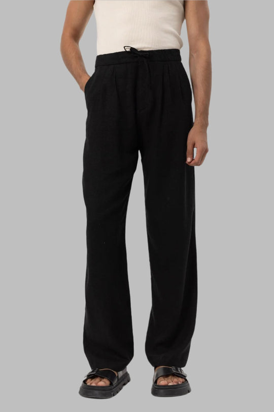 Men's Black Belted Linen Blend Pants - Wessi