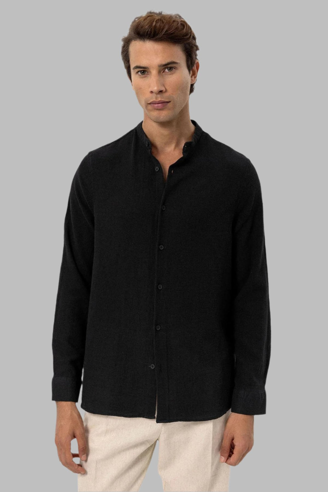 Men's Black Mandarin Collar Woven Shirt - Wessi