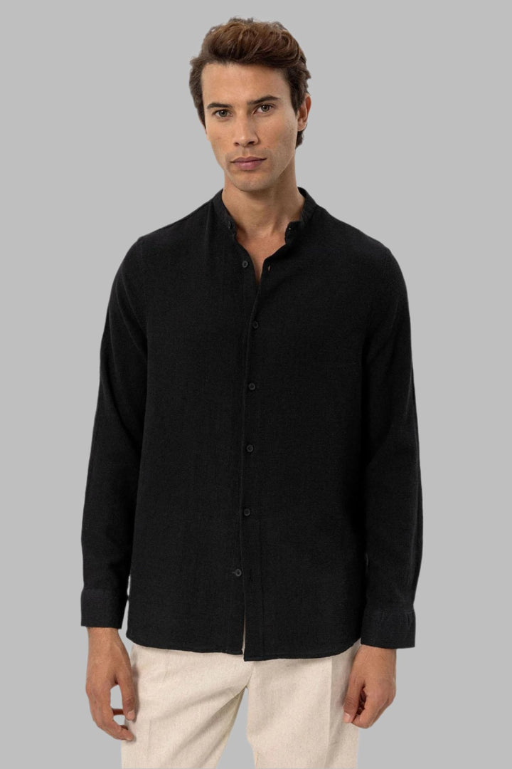 Men's Black Mandarin Collar Woven Shirt - Wessi