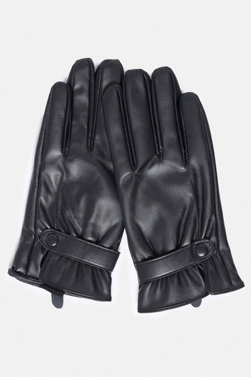 Black Faux Leather Men's Gloves with Fleece Lining - Wessi