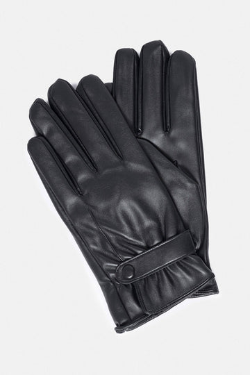 Black Faux Leather Men's Gloves with Fleece Lining - Wessi