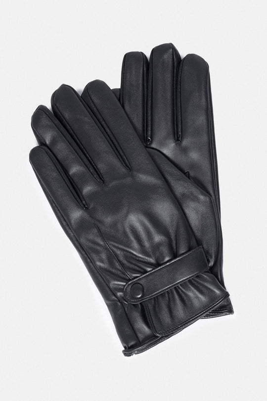 Black Faux Leather Men's Gloves with Fleece Lining - Wessi