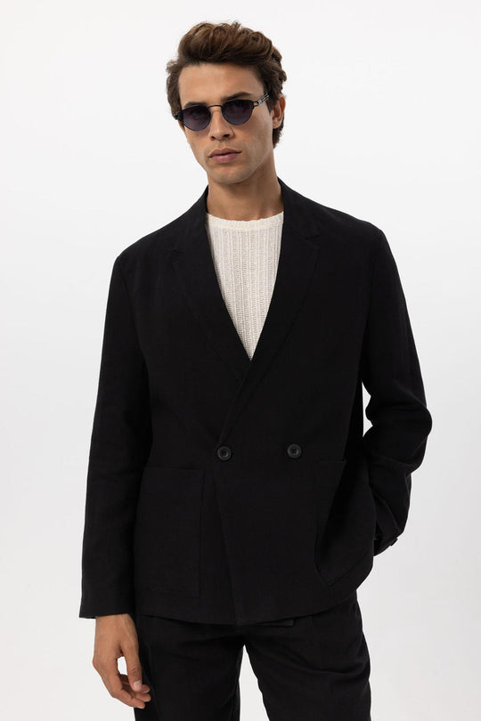 Men's Black Linen Blend Double-Breasted Jacket - Wessi