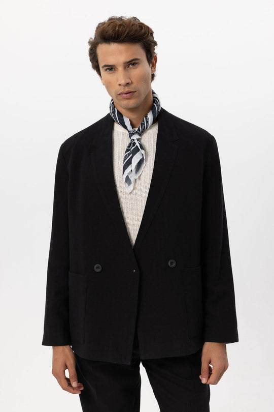 Men's Black Linen Blend Double-Breasted Jacket - Wessi
