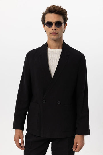 Men's Black Linen Blend Double-Breasted Jacket - Wessi