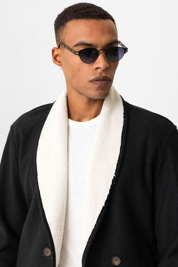 Black سترة رجالية بياقة متباينة مع تفاصيل بطانة - ويسي