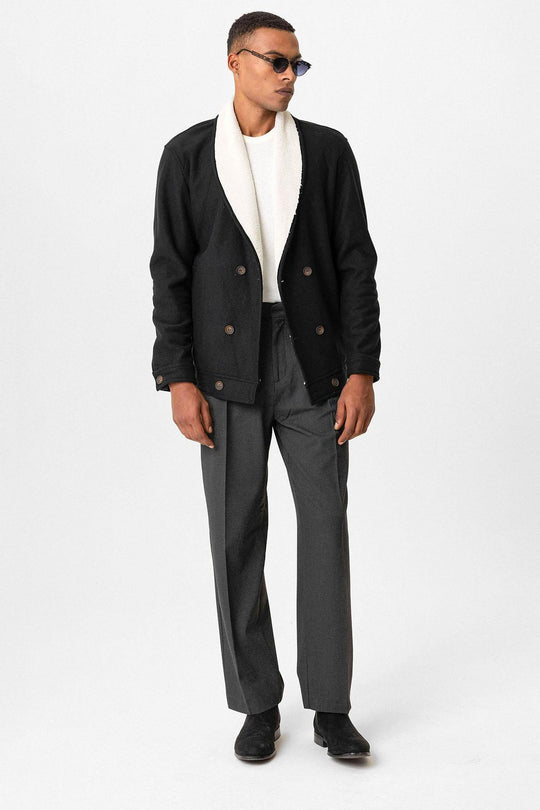 Black سترة رجالية بياقة متباينة مع تفاصيل بطانة - ويسي