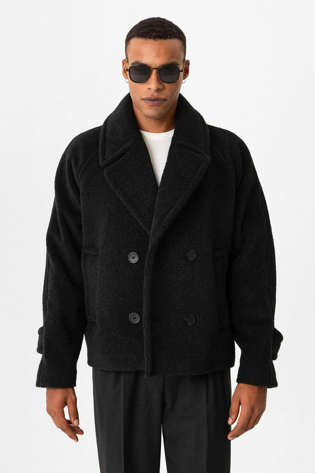 Black Double-Breasted Crop Fit Men's Jacket - Wessi