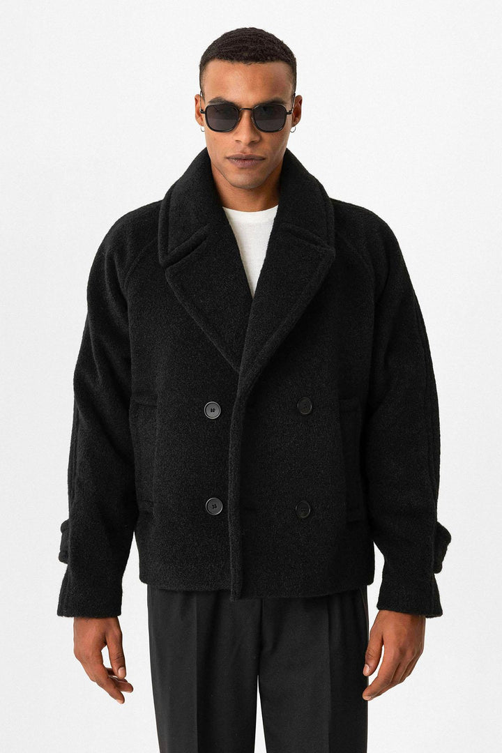 Black Double-Breasted Crop Fit Men's Jacket - Wessi