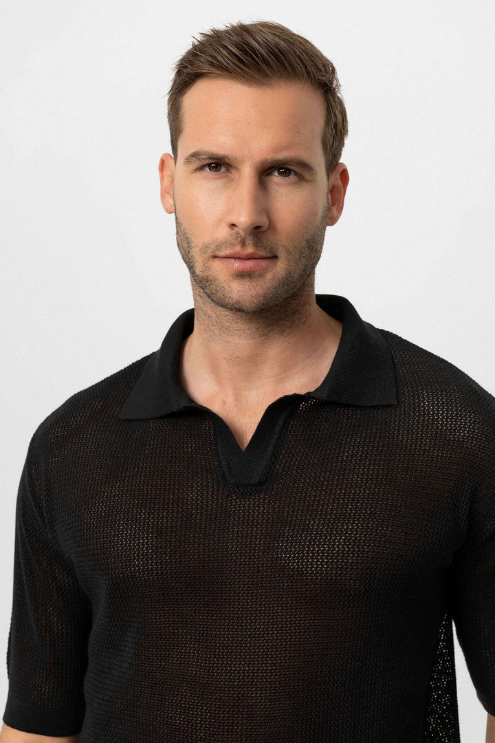 Men's Black Polo Neck Knit T-Shirt - Wessi