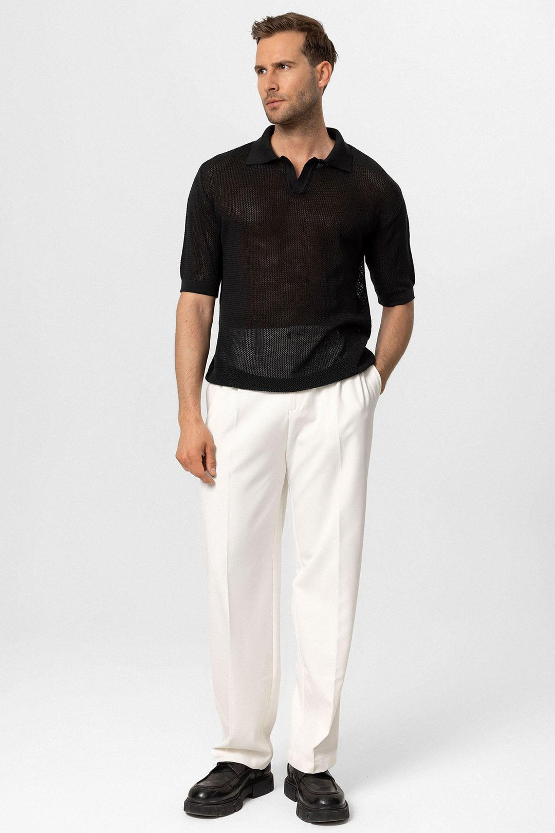 Men's Black Polo Neck Knit T-Shirt - Wessi