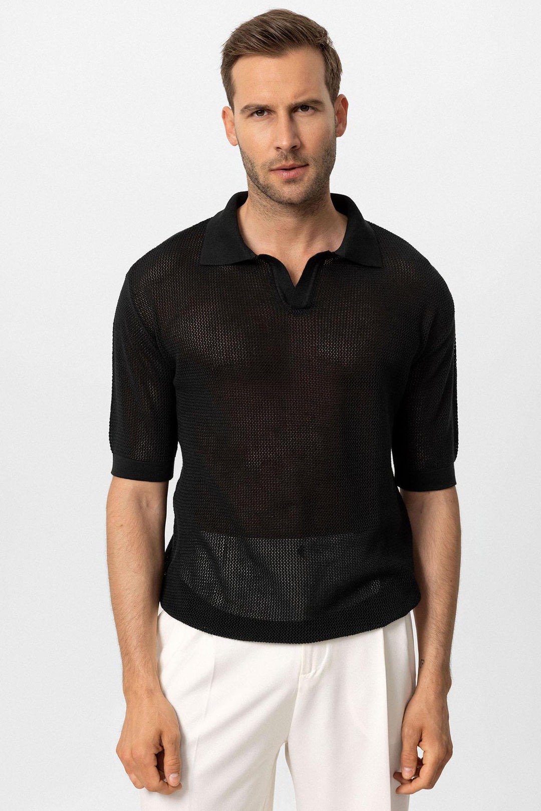 Men's Black Polo Neck Knit T-Shirt - Wessi
