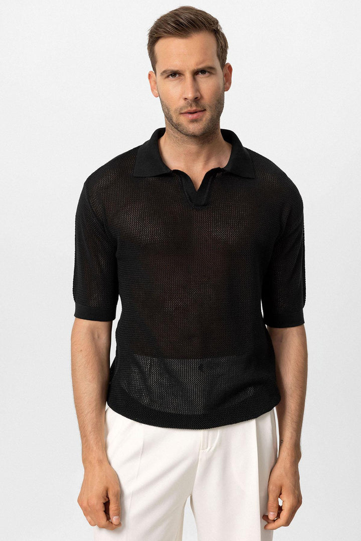 Men's Black Polo Neck Knit T-Shirt - Wessi
