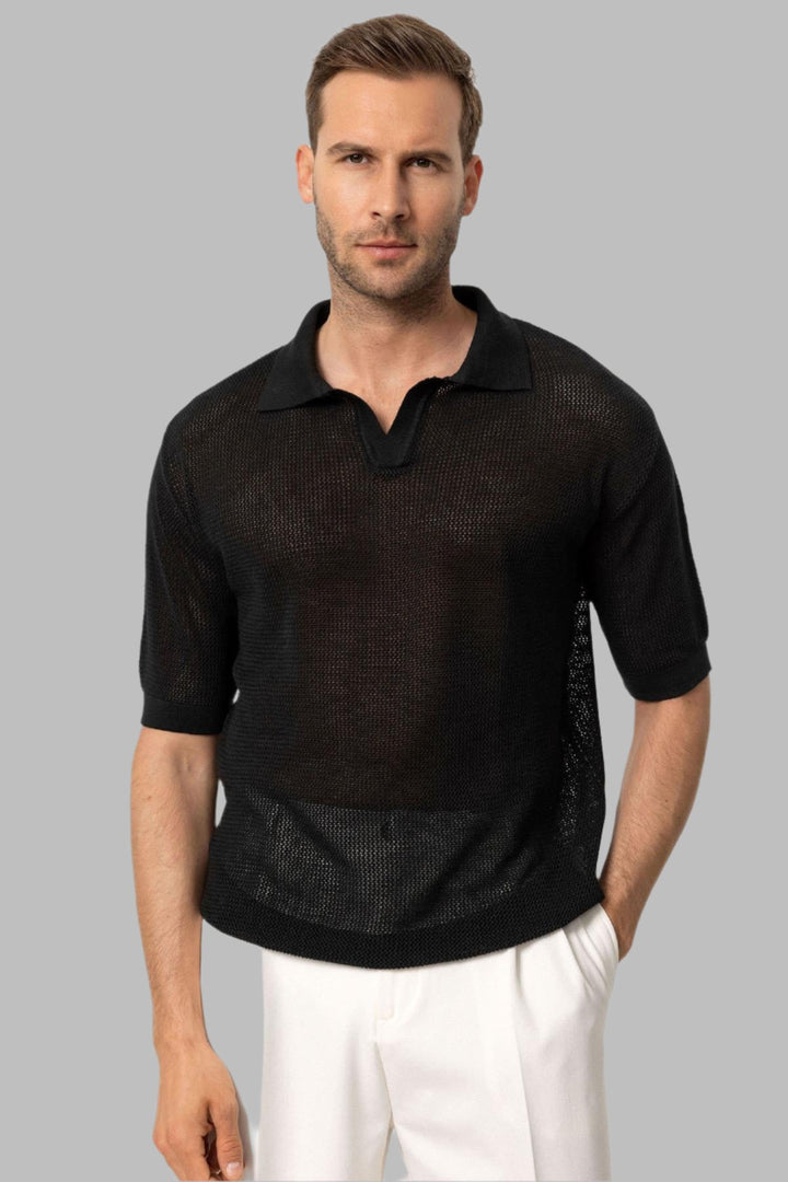 Men's Black Polo Neck Knit T-Shirt - Wessi