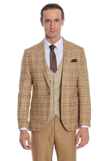 Traje de hombre beige a cuadros de corte entallado - Wessi