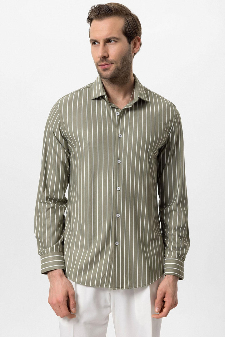 Men's Khaki Contrast Striped  Shirt - Wessi