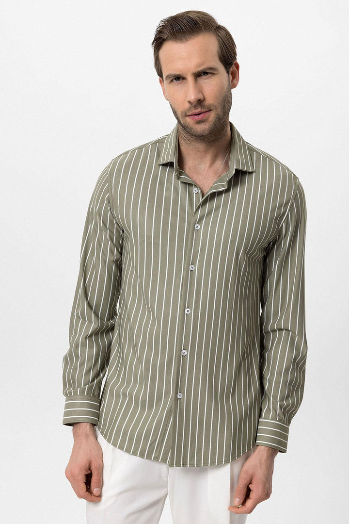 Men's Khaki Contrast Striped  Shirt - Wessi