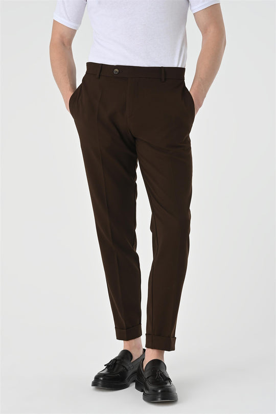Men's Dark Brown Regular Fit Double Leg  Trousers - Wessi