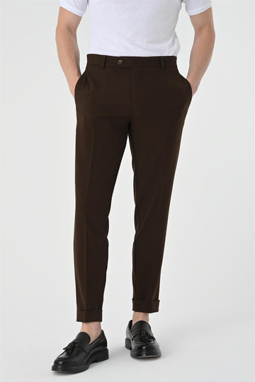 Men's Dark Brown Regular Fit Double Leg  Trousers - Wessi