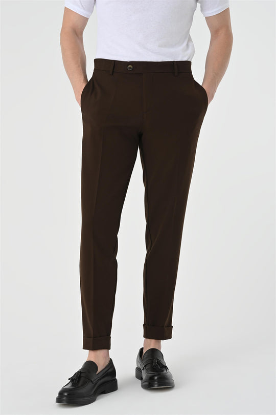 Men's Dark Brown Regular Fit Double Leg  Trousers - Wessi