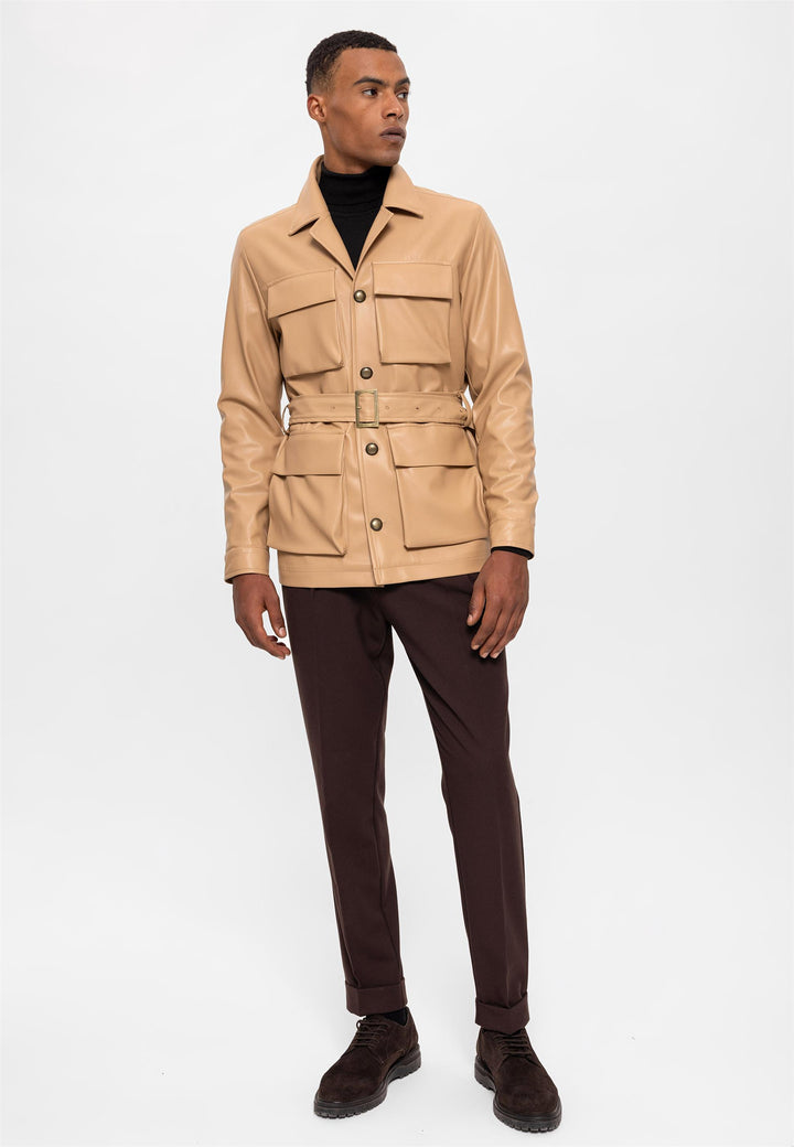 Men's Beige Slim Fit Belted Faux Leather  Coat - Wessi