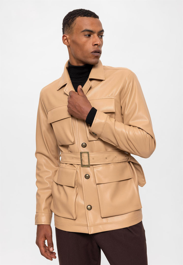 Men's Beige Slim Fit Belted Faux Leather  Coat - Wessi