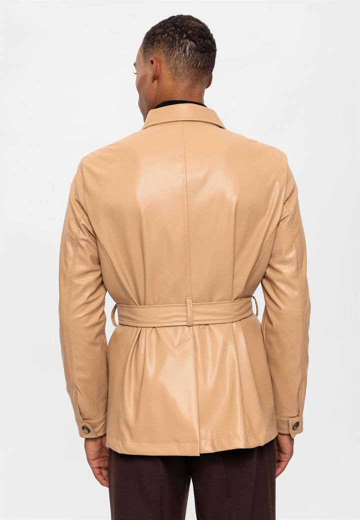Men's Beige Slim Fit Belted Faux Leather  Coat - Wessi