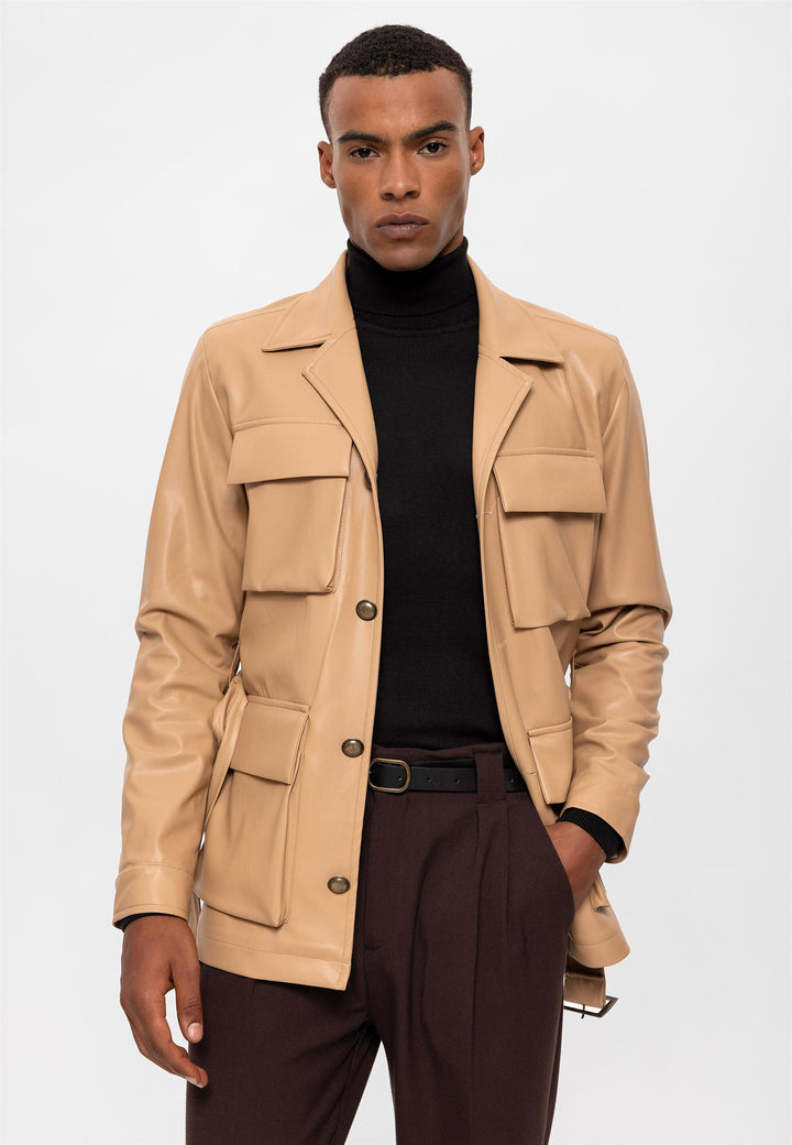Men's Beige Slim Fit Belted Faux Leather  Coat - Wessi