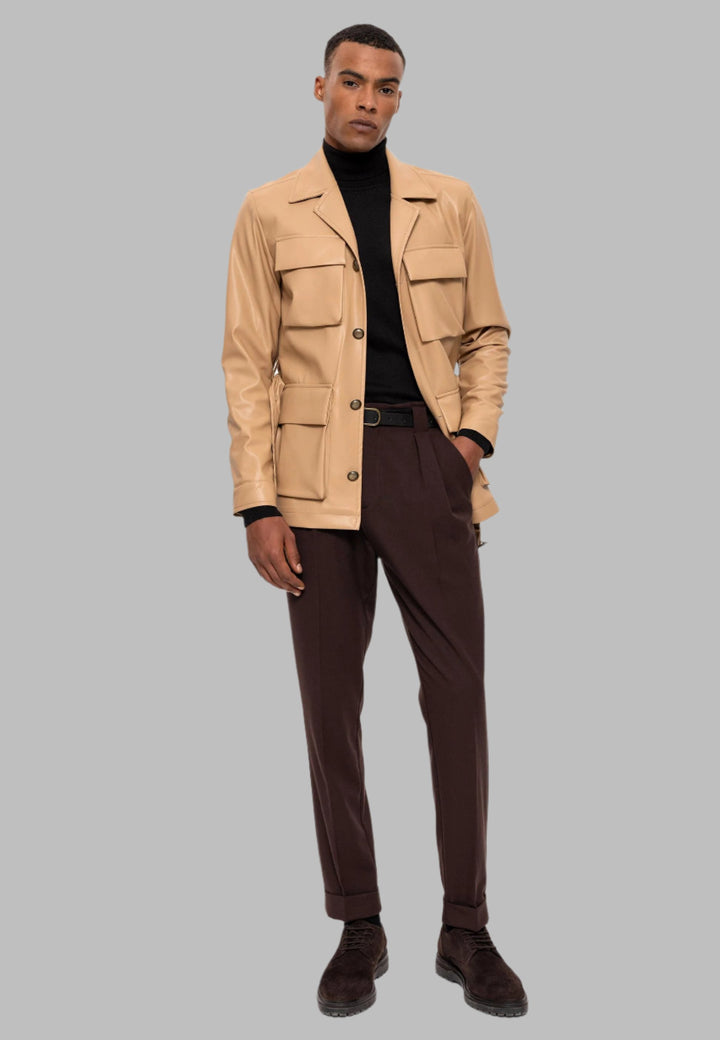 Men's Beige Slim Fit Belted Faux Leather  Coat - Wessi