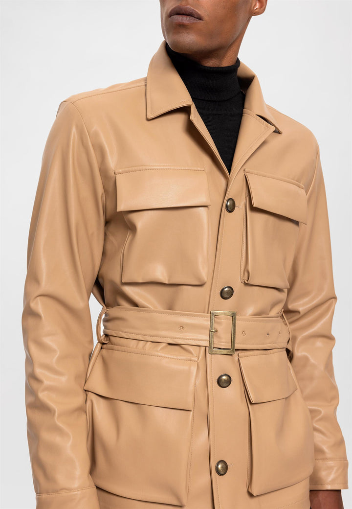 Men's Beige Slim Fit Belted Faux Leather  Coat - Wessi