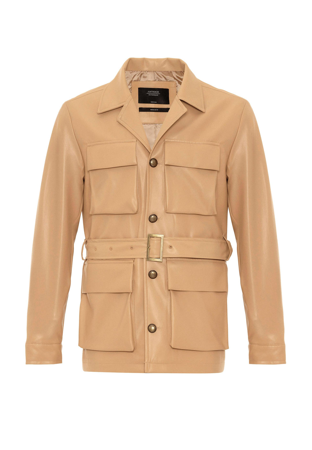 Men's Beige Slim Fit Belted Faux Leather  Coat - Wessi