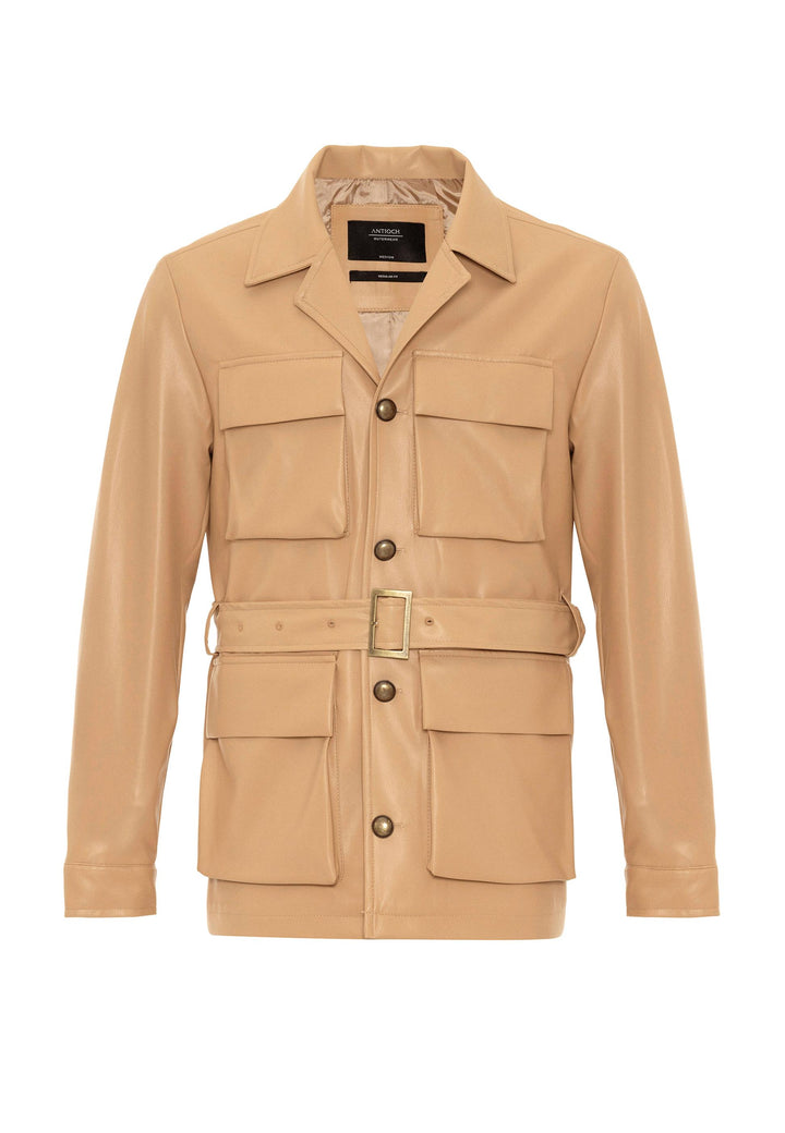 Men's Beige Slim Fit Belted Faux Leather  Coat - Wessi