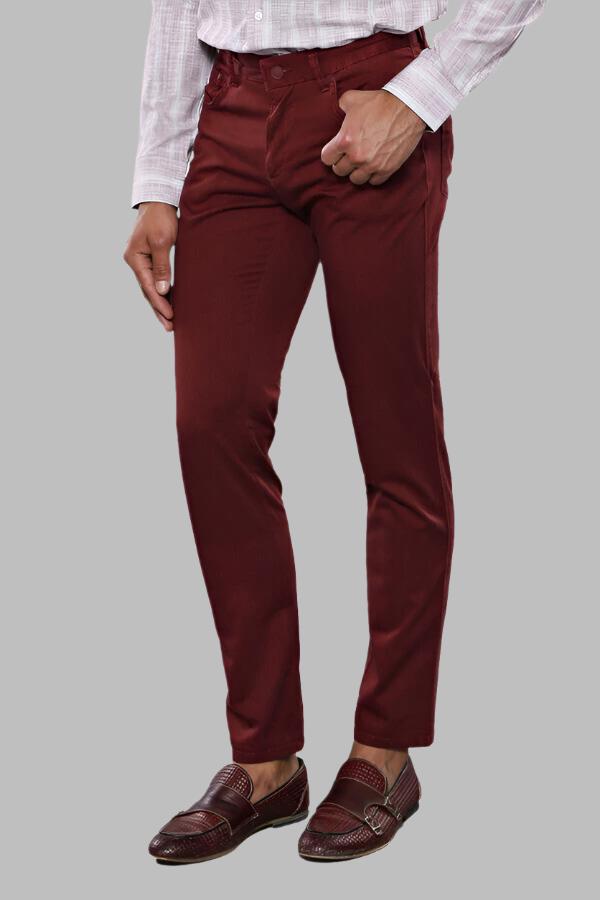 Slim Fit Plain 5 Pockets Burgundy Men Pants - Wessi