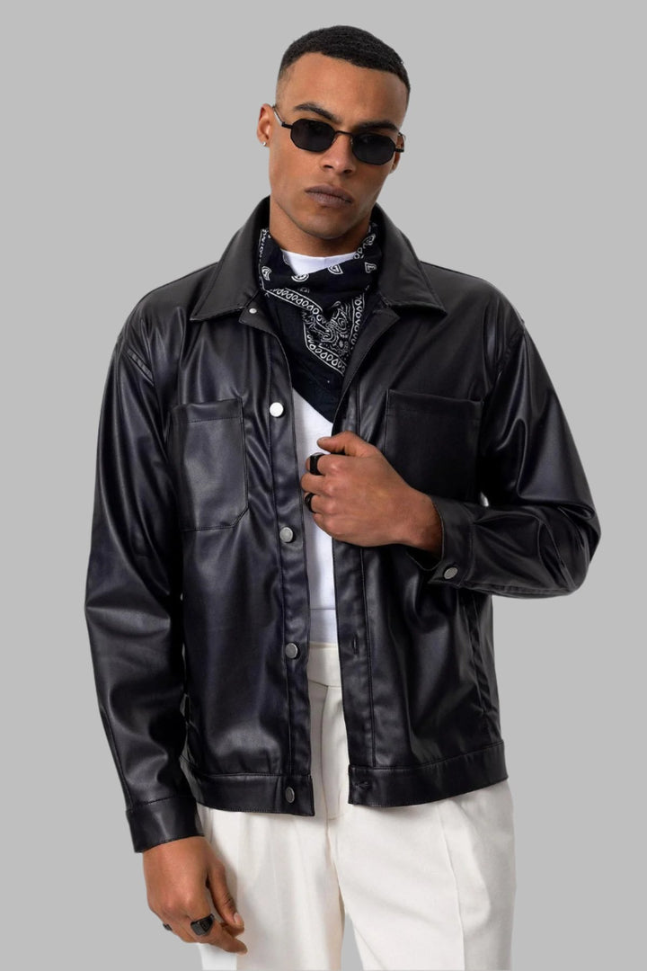 Men's Black Faux Leather  Thin Coat - Wessi