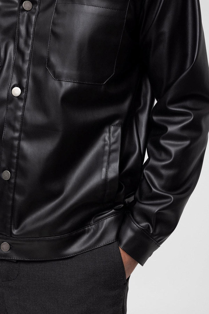 Men's Black Faux Leather  Thin Coat - Wessi
