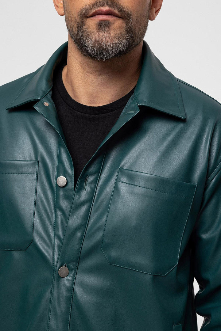 Men's Green Faux Leather  Thin Coat - Wessi