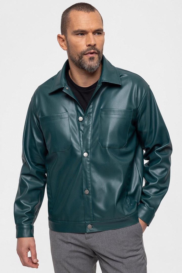 Men's Green Faux Leather  Thin Coat - Wessi