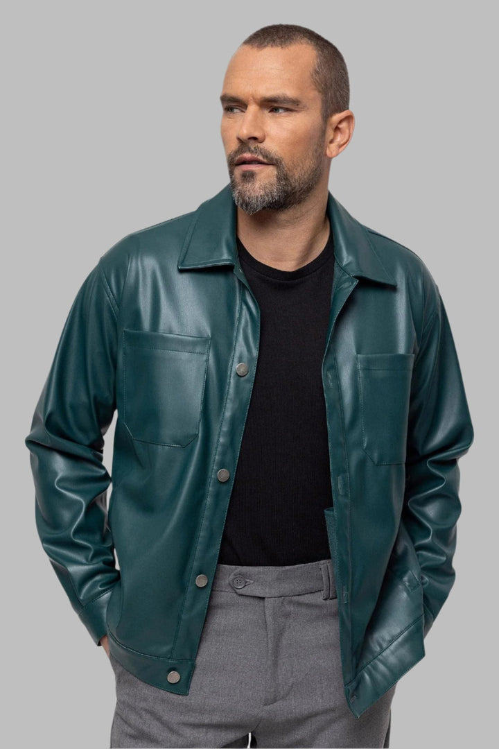 Men's Green Faux Leather  Thin Coat - Wessi