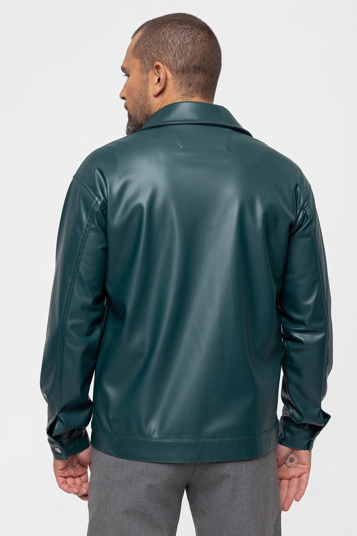 Men's Green Faux Leather  Thin Coat - Wessi