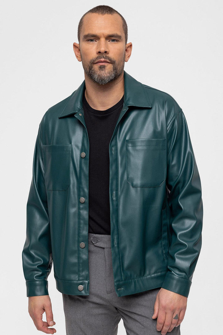 Men's Green Faux Leather  Thin Coat - Wessi