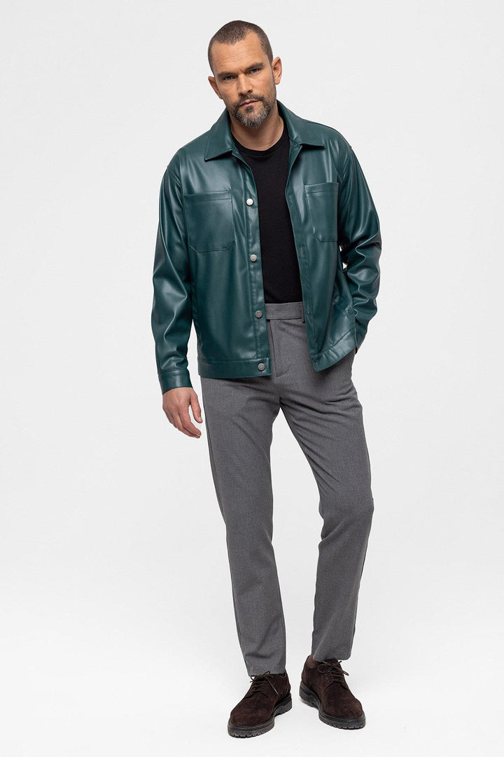 Men's Green Faux Leather  Thin Coat - Wessi
