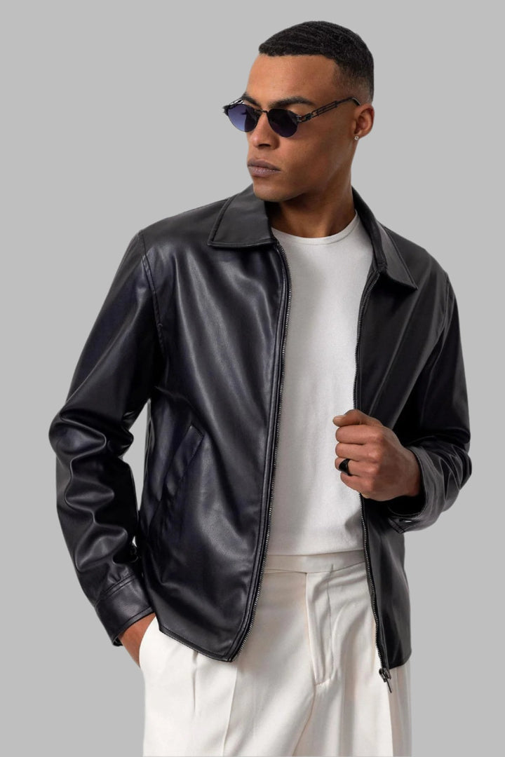 Men's Black Faux Leather  Coat - Wessi