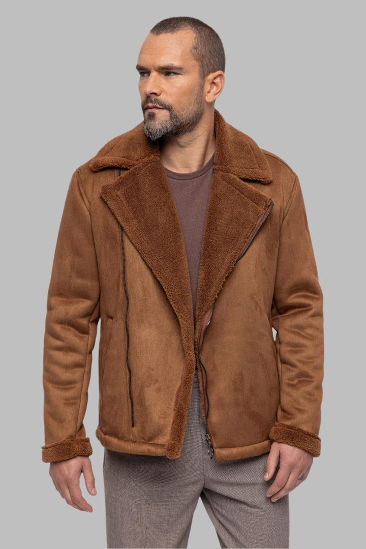 Men's Tan Faux Shearling Lined Suede  Jacket - Wessi