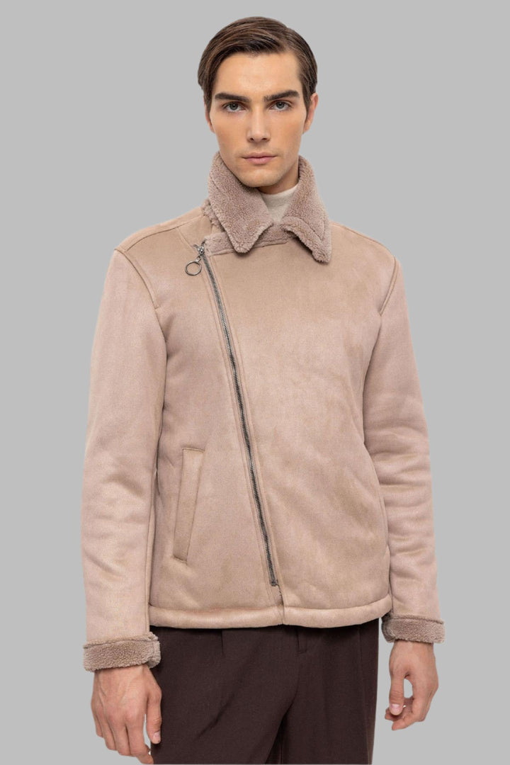 Men's Stone Faux Shearling Lined Suede  Jacket - Wessi