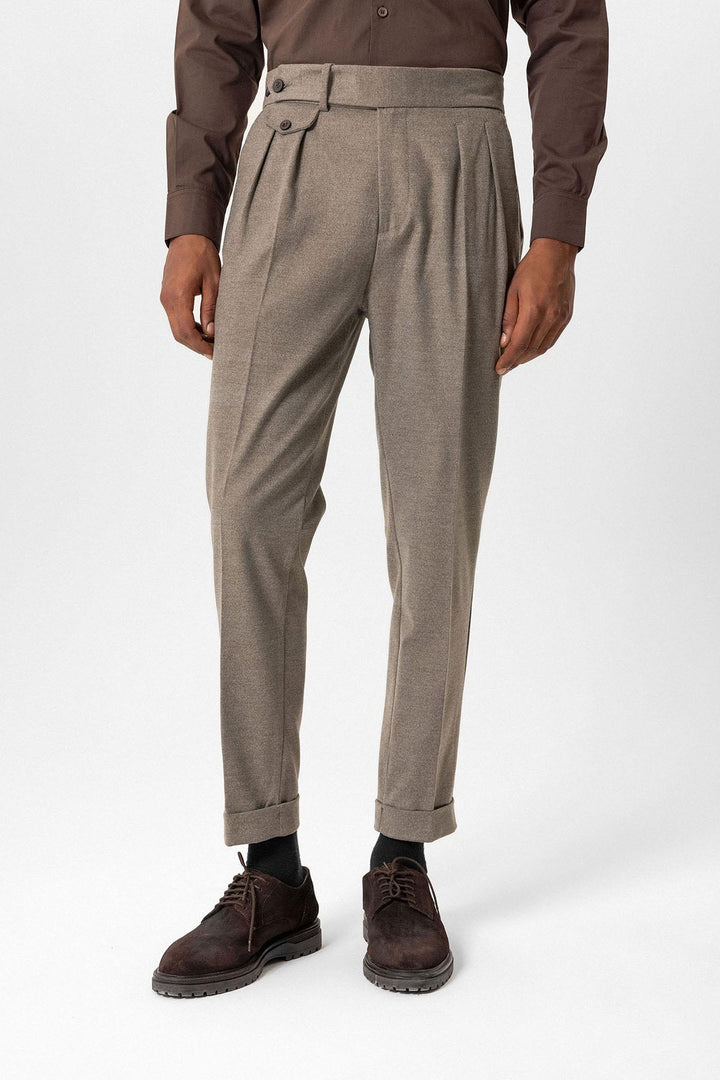 Light Brown High-Waisted Pleated Technical Men's Trousers - Wessi