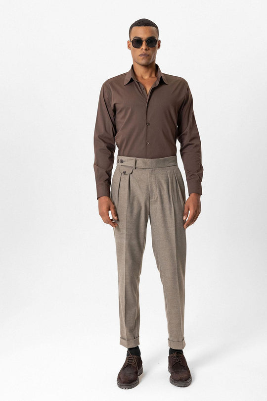 Light Brown High-Waisted Pleated Technical Men's Trousers - Wessi
