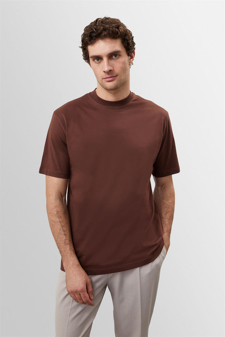 Men's Brown Crew Neck Basic T-Shirt - Wessi